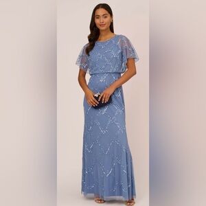 ADRIANNA PAPELL Hand-Beaded Blouson Gown With Flutter Sleeves In French Blue Sz8